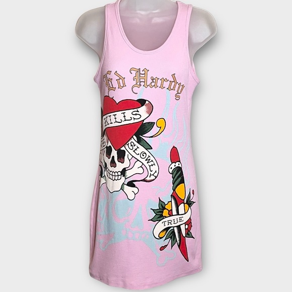 ED HARDY Retro Flash Rib Tank Dress Pink tattoo print size medium Y2K casual - Picture 2 of 7